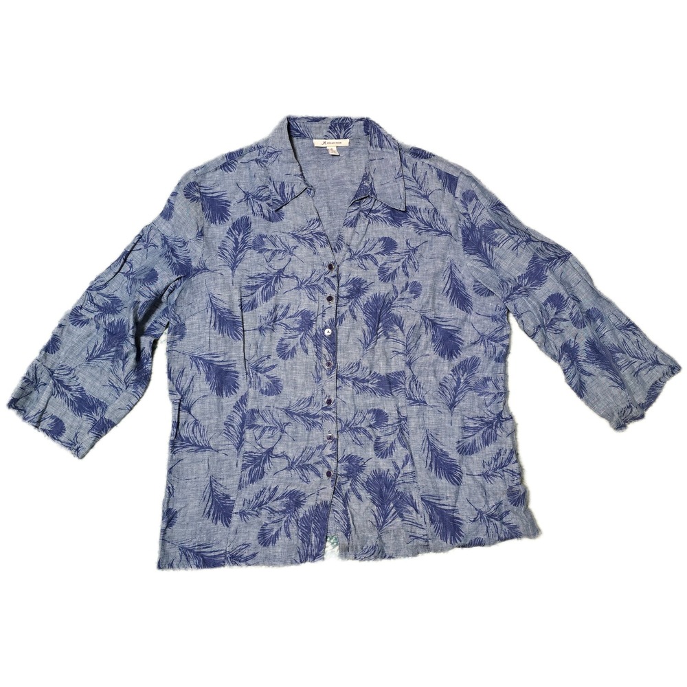 JM Collection Women's‎ Linen Button Up 3/4 Sleeve Blue Leaf Print Shirt
(G)